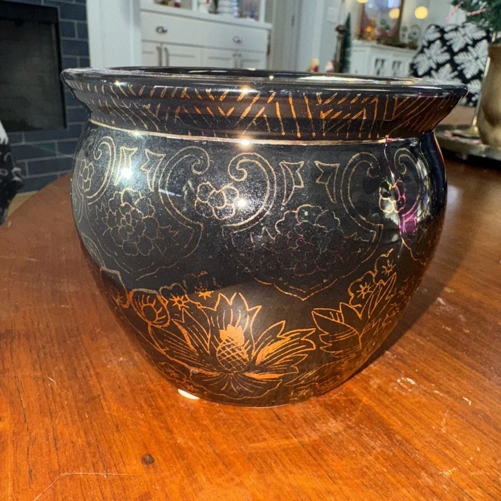 Vintage Lemax Gold‎ Black Bowl Vase Decorative Piece RARE OLA50